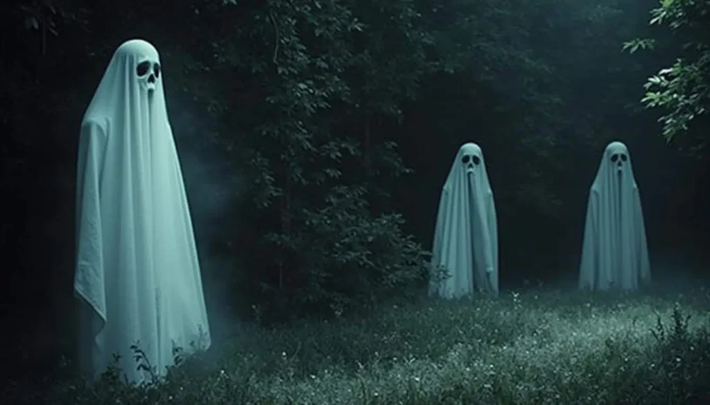 Three ghostly figures in white sheets with skeletal faces standing ominously in a misty forest clearing at night.
