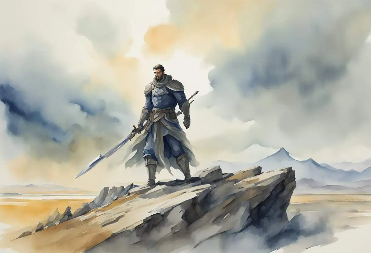 A towering figure with a fierce expression, holding a massive weapon and standing amidst a desolate landscape