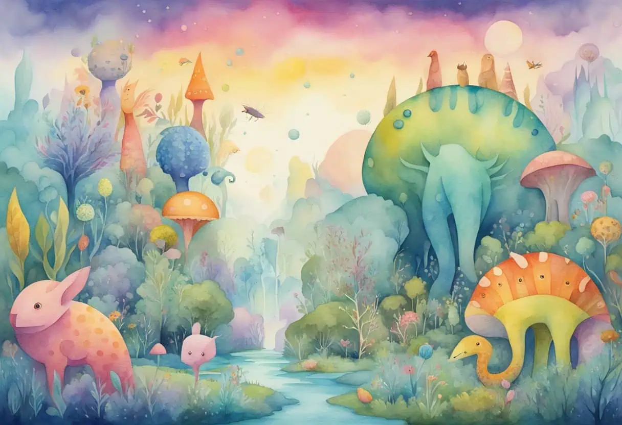 A group of whimsical, larger-than-life creatures stand tall in a colorful, fantastical landscape, each with its own unique and catchy giant name