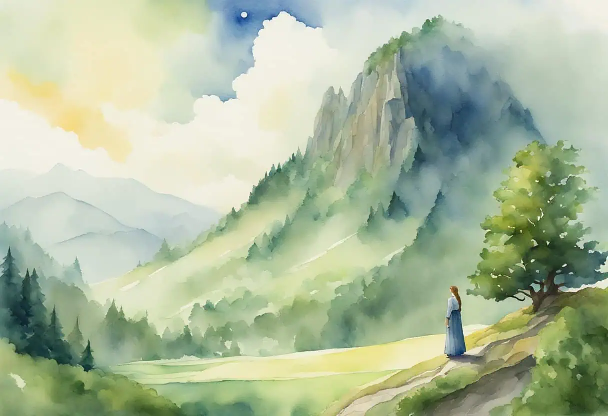 A towering female giant stands amidst a lush, mountainous landscape, her presence commanding and powerful