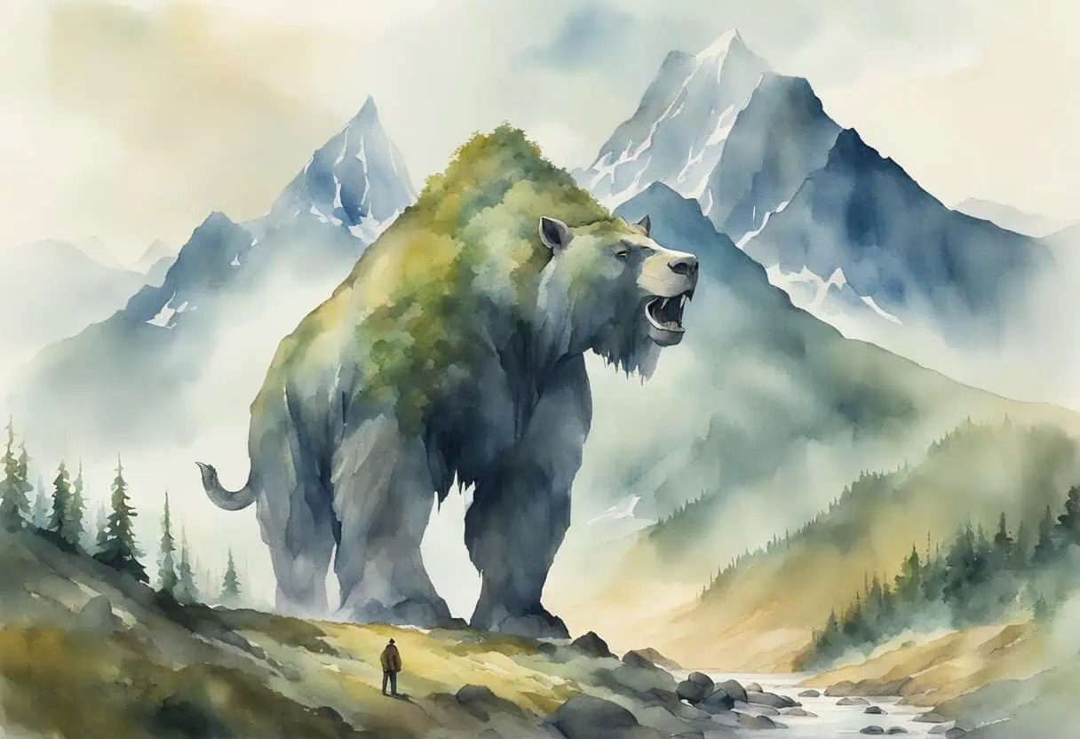 A massive, rugged landscape with towering mountains and ancient forests. A colossal male giant stands amidst the scenery, exuding strength and power