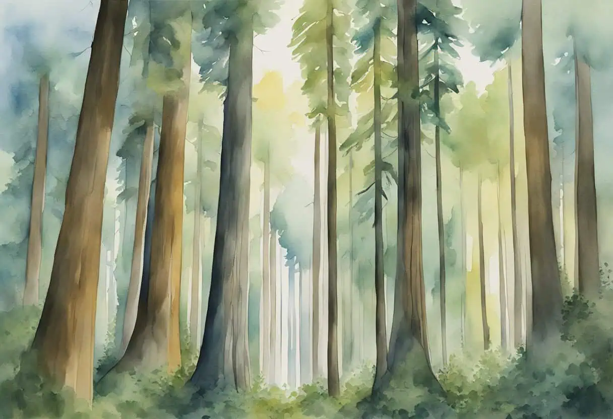 A towering forest of colossal trees with names etched into their trunks, stretching high into the sky