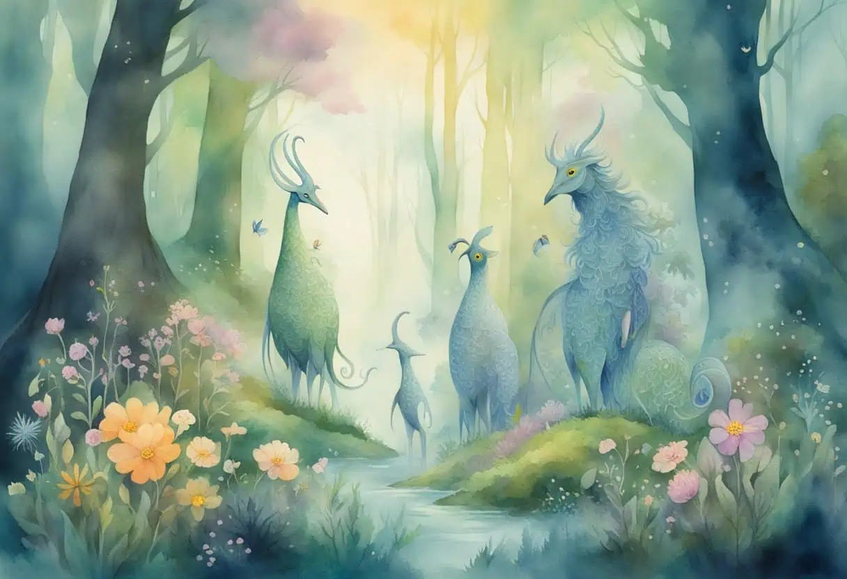 A group of odd-looking, towering creatures with unusual names stand in a mystical forest clearing, surrounded by swirling mist and glowing flowers