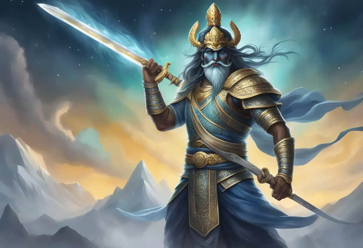 A mystical warrior with a glowing sword wearing golden and blue armor standing in a heroic pose against a celestial background of mountains and auroras

