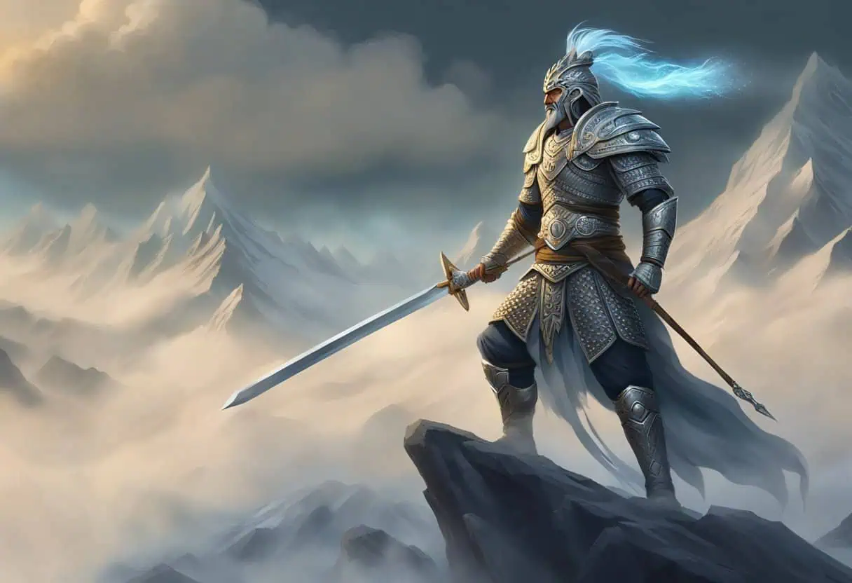 A dragonborn warrior with glowing blue energy emanating from their helmet standing on a rocky peak surrounded by misty mountains

