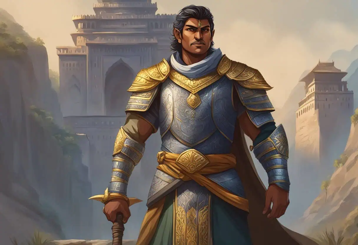 A warrior in golden armor standing confidently in front of a grand fortress, holding a sword and gazing into the distance."