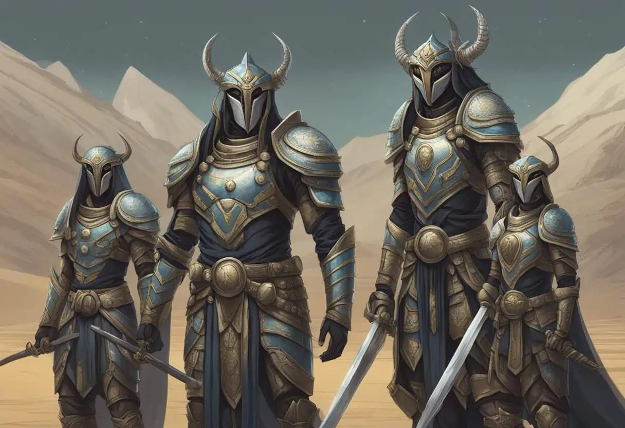 A team of dragonborn warriors in intricate blue and gold armor standing together on a desert battlefield under a clear sky






