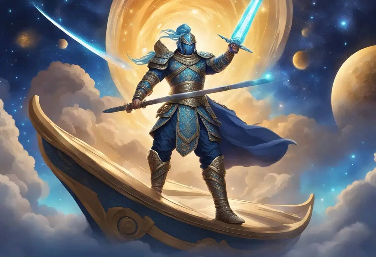 A celestial dragonborn knight clad in glowing blue and gold armor standing on a mystical golden ship floating among stars and planets

