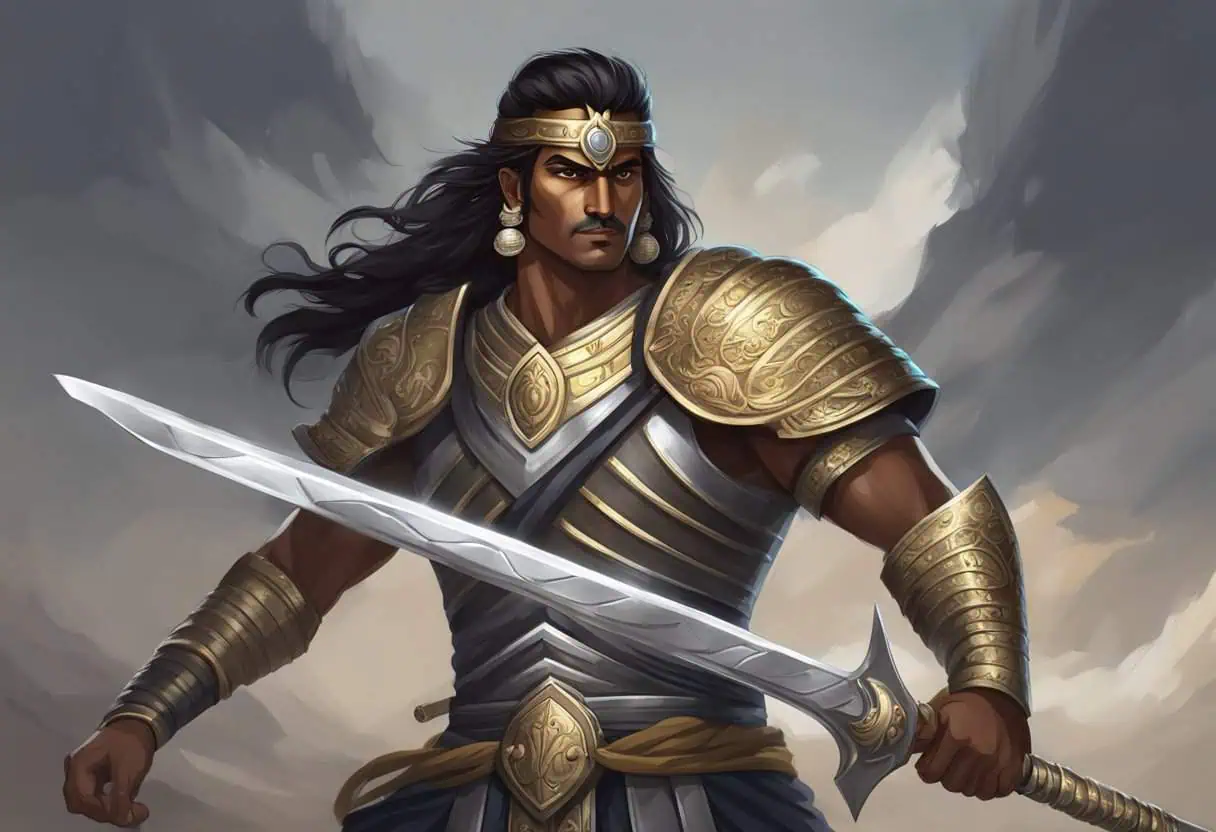 A dragonborn warrior in shining golden armor gripping a large sword with long black hair flowing in the wind under a stormy sky

