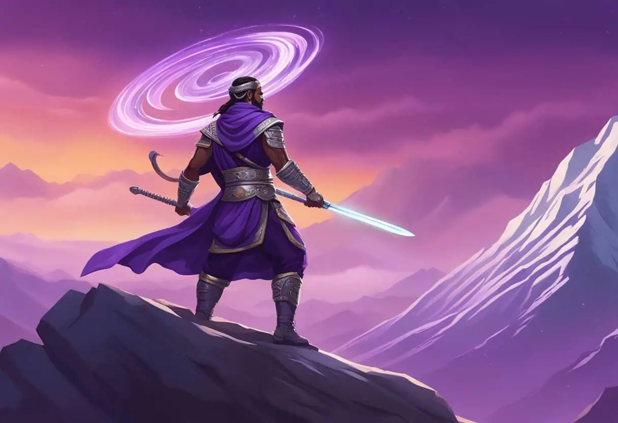 A lone warrior in purple armor standing on a mountain peak with a glowing spiral of energy in the sky during a vibrant purple sunset

