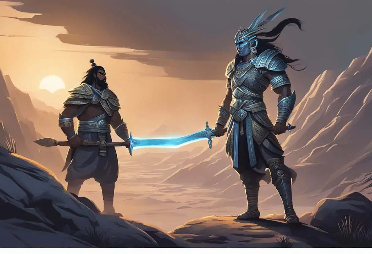 Two warriors facing off in a dramatic desert duel one holding a glowing blue sword against a sunset-lit canyon backdrop

