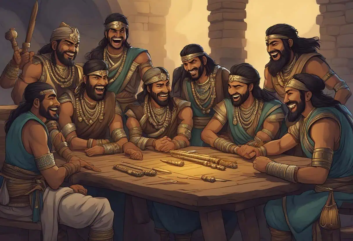 A group of warriors laughing and celebrating around a wooden table dressed in traditional armor inside a warmly lit hall

