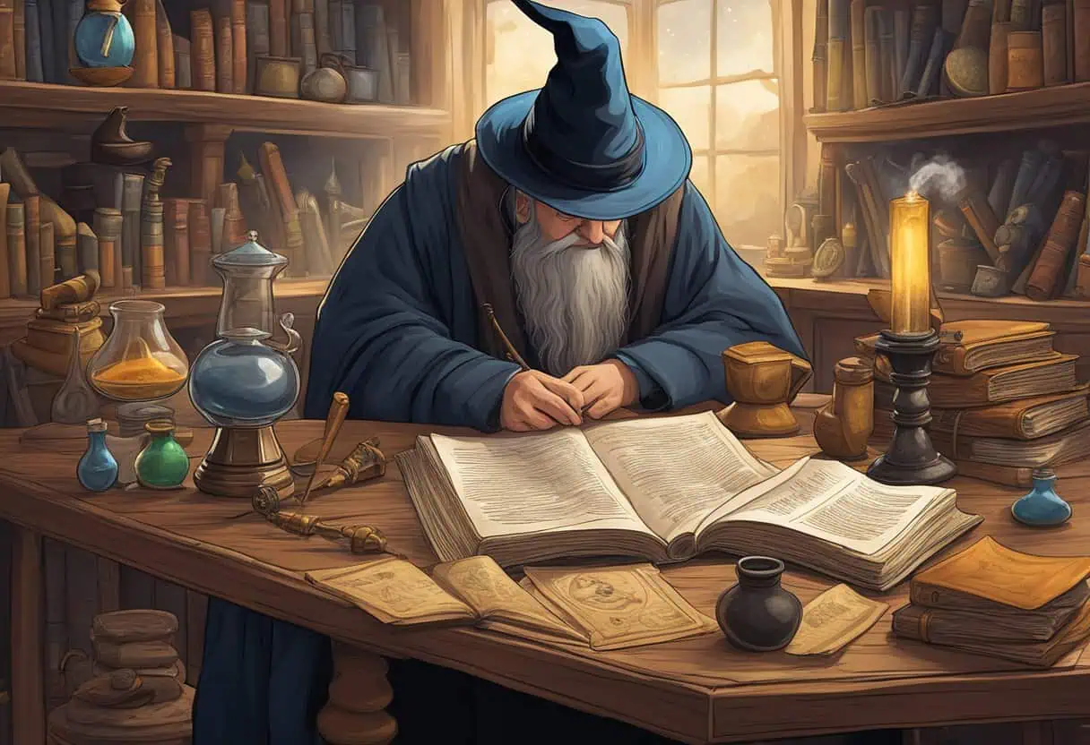 A magical sorting hat hovers over a table of wizarding artifacts, including wands, potions, and spellbooks, as a wizard contemplates choosing a name