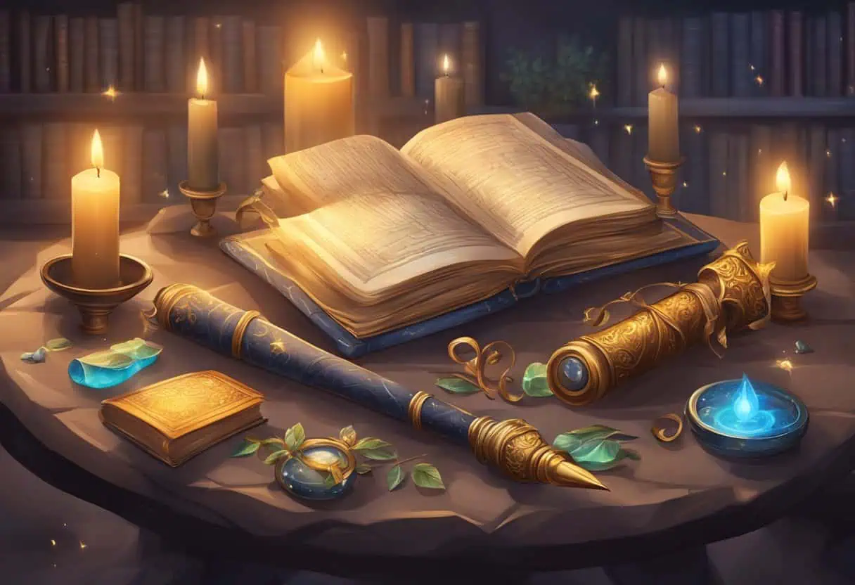 A magical wand lies on a stone table, surrounded by ancient spellbooks and flickering candles