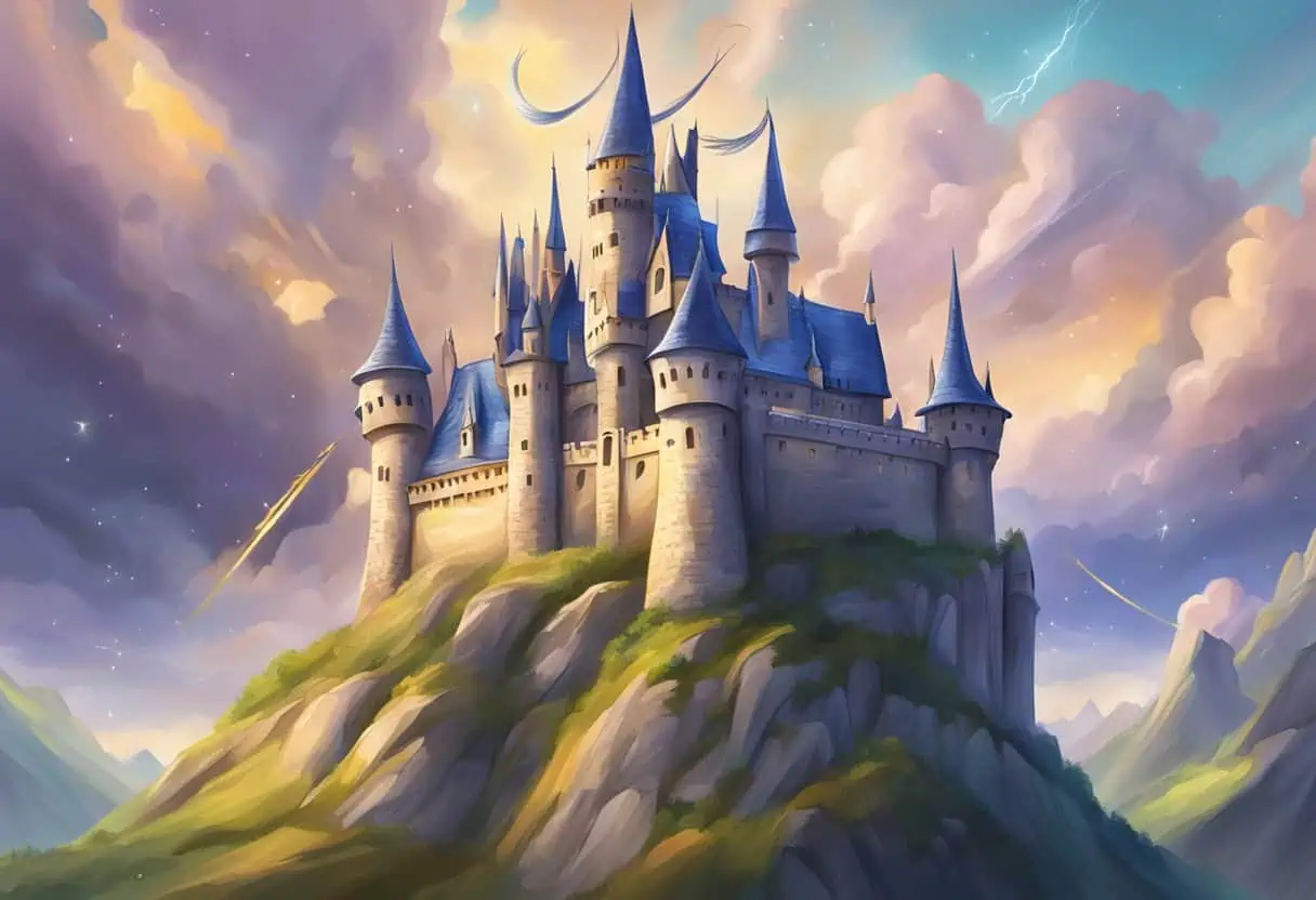 A magical castle with flying broomsticks and spell-casting wands