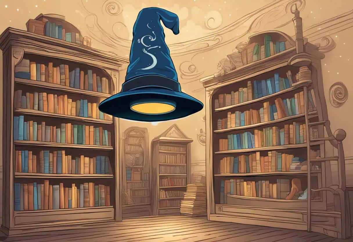 A magical bookshelf with floating, glowing names like "Dobby" and "Luna Lovegood" swirling around a wizard's hat