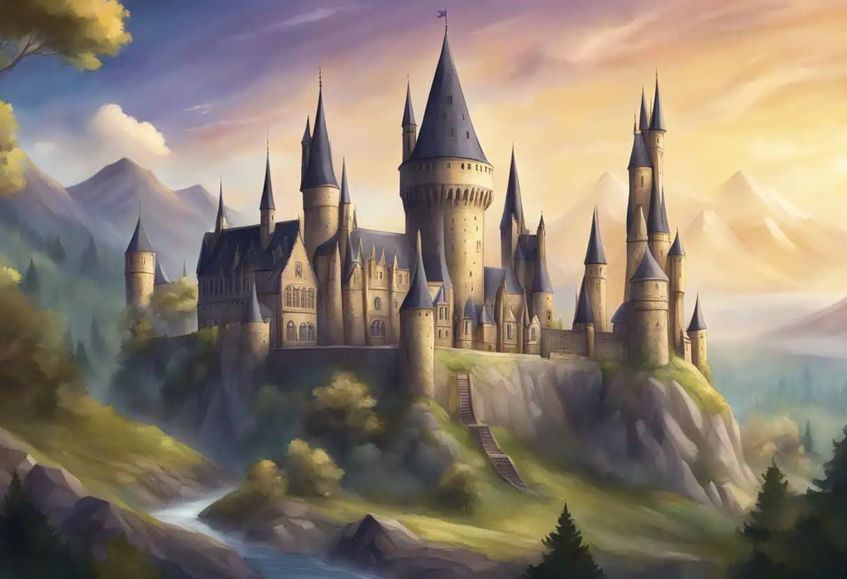 A magical wizarding school with towering spires and enchanted creatures