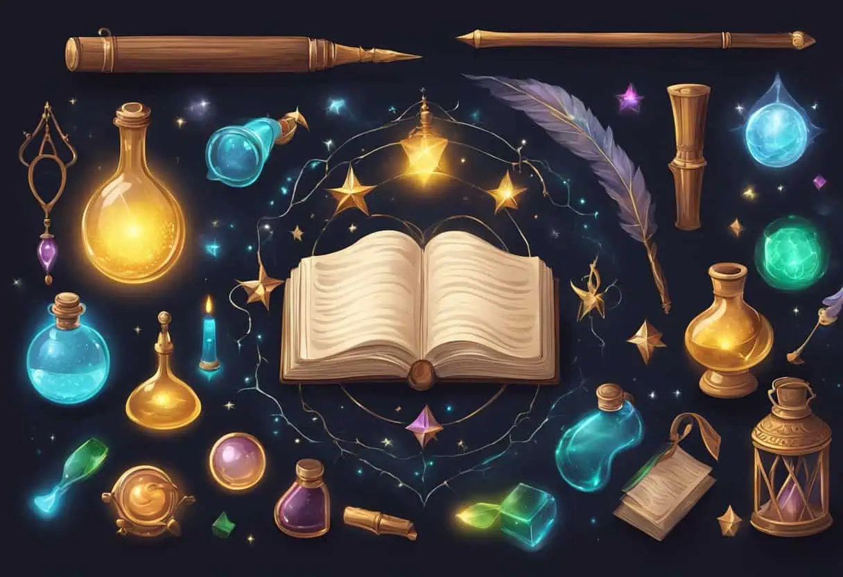 A group of magical objects arranged in a circle, including a wand, potion bottle, and spell book, with a glowing aura surrounding them