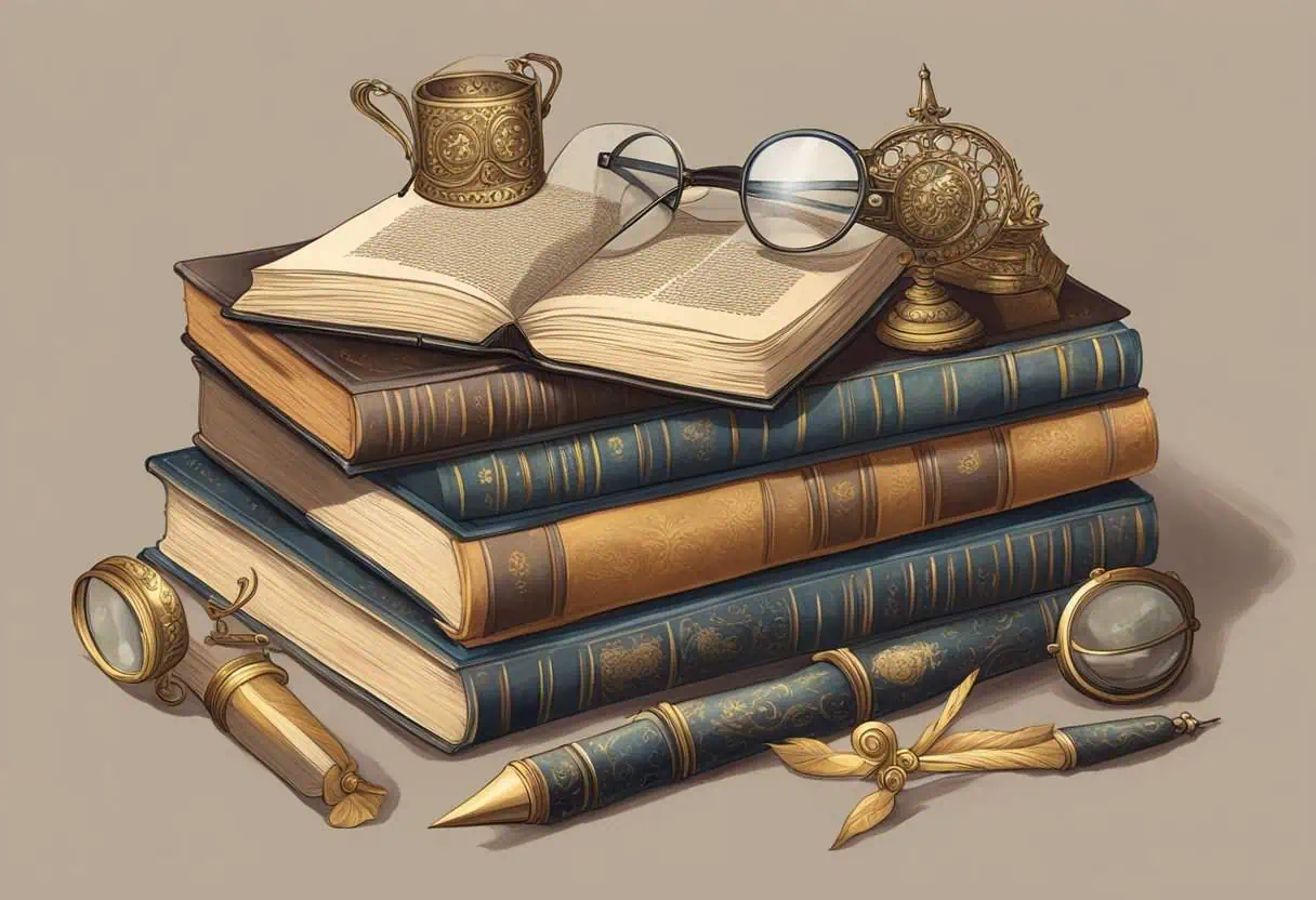 A table covered in old, dusty books with magical titles and intricate designs. A wand and pair of round glasses sit on top