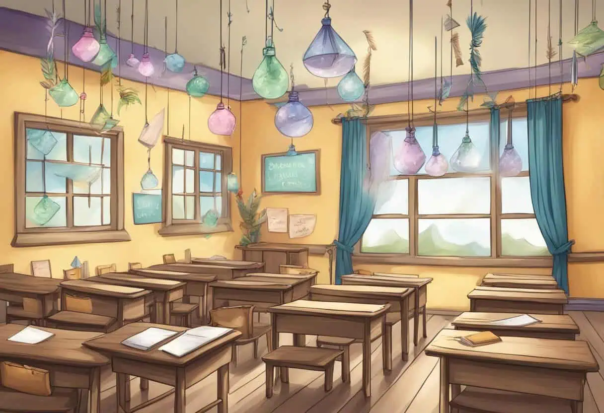 A magical classroom with whimsical name tags and floating quills