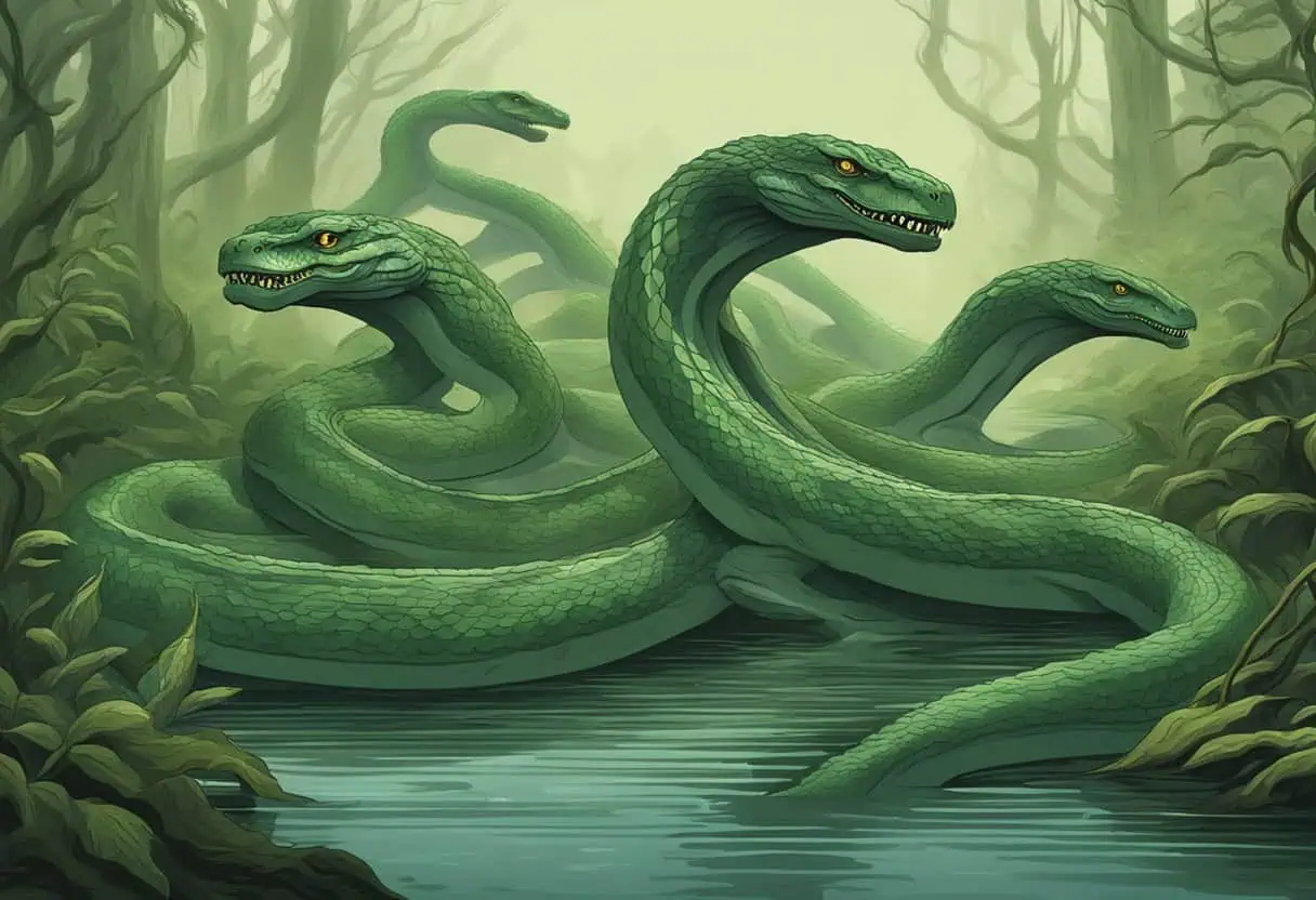 A group of green hydra-like serpents with glowing yellow eyes, emerging from a misty swamp surrounded by dense, shadowy forest vegetation.






