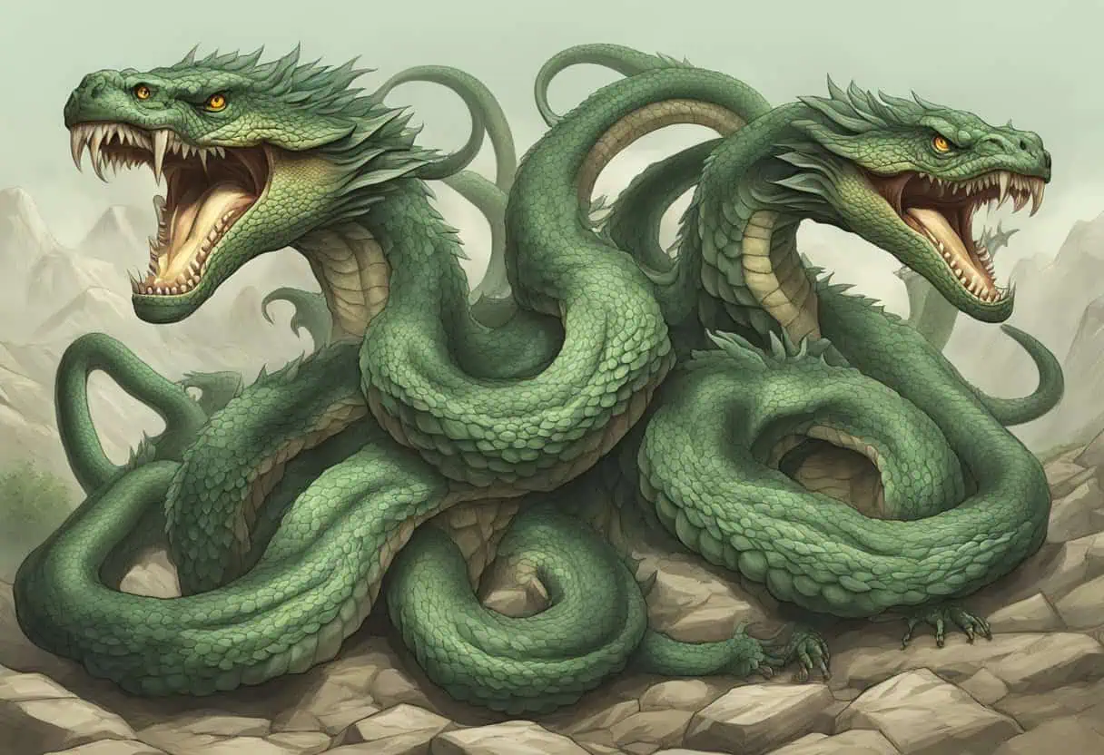 A two-headed hydra with ferocious expressions, surrounded by rocky terrain.
