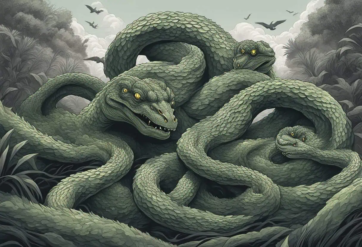 A three-headed hydra with scaly green skin, coiled in a jungle setting.
