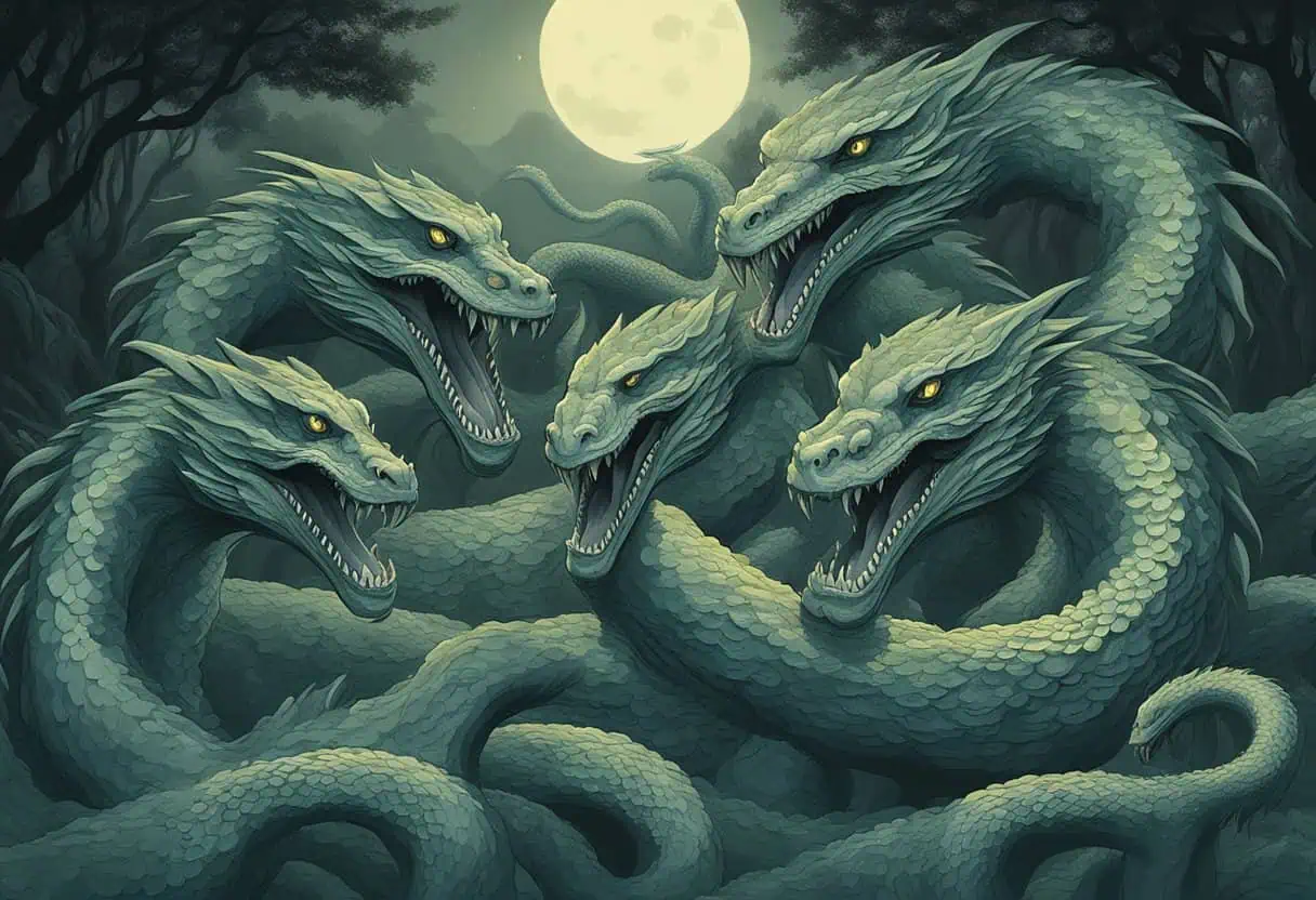 A five-headed hydra with an aggressive posture, set against a moonlit backdrop.
