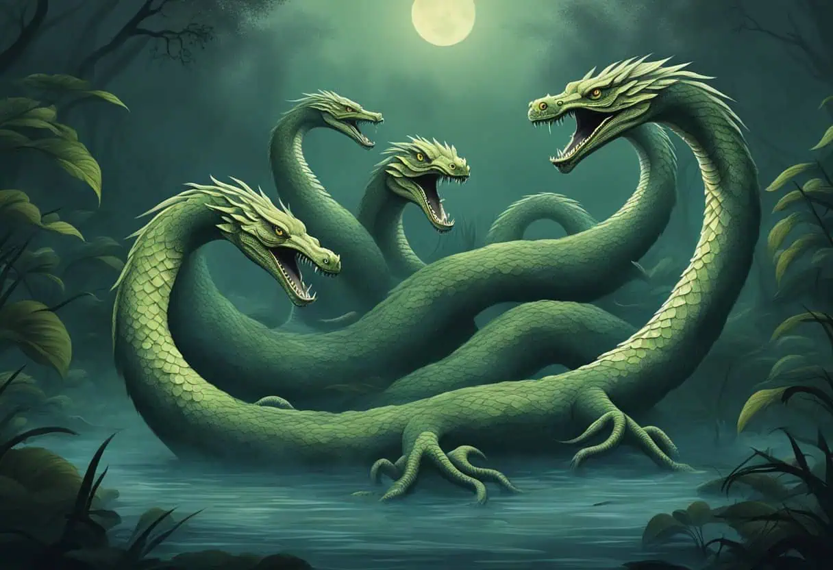 A four-headed hydra with glowing eyes and sharp fangs, lurking in a foggy swamp.
