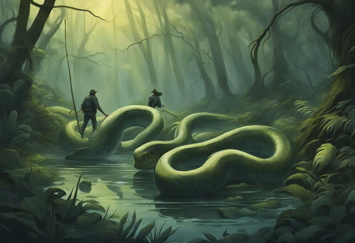 Adventurers standing near a giant serpent in a dense forest, illuminated by soft sunlight.
