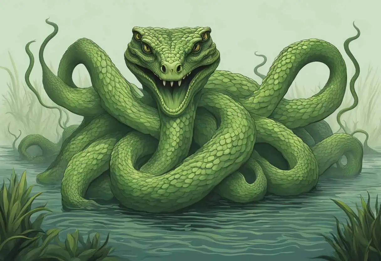 A single serpent with menacing yellow eyes, coiled tightly, rising from the water.
