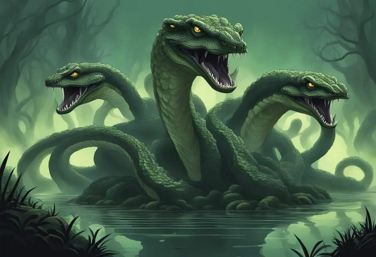 A three-headed snake emerging from a swamp with glowing golden eyes.
