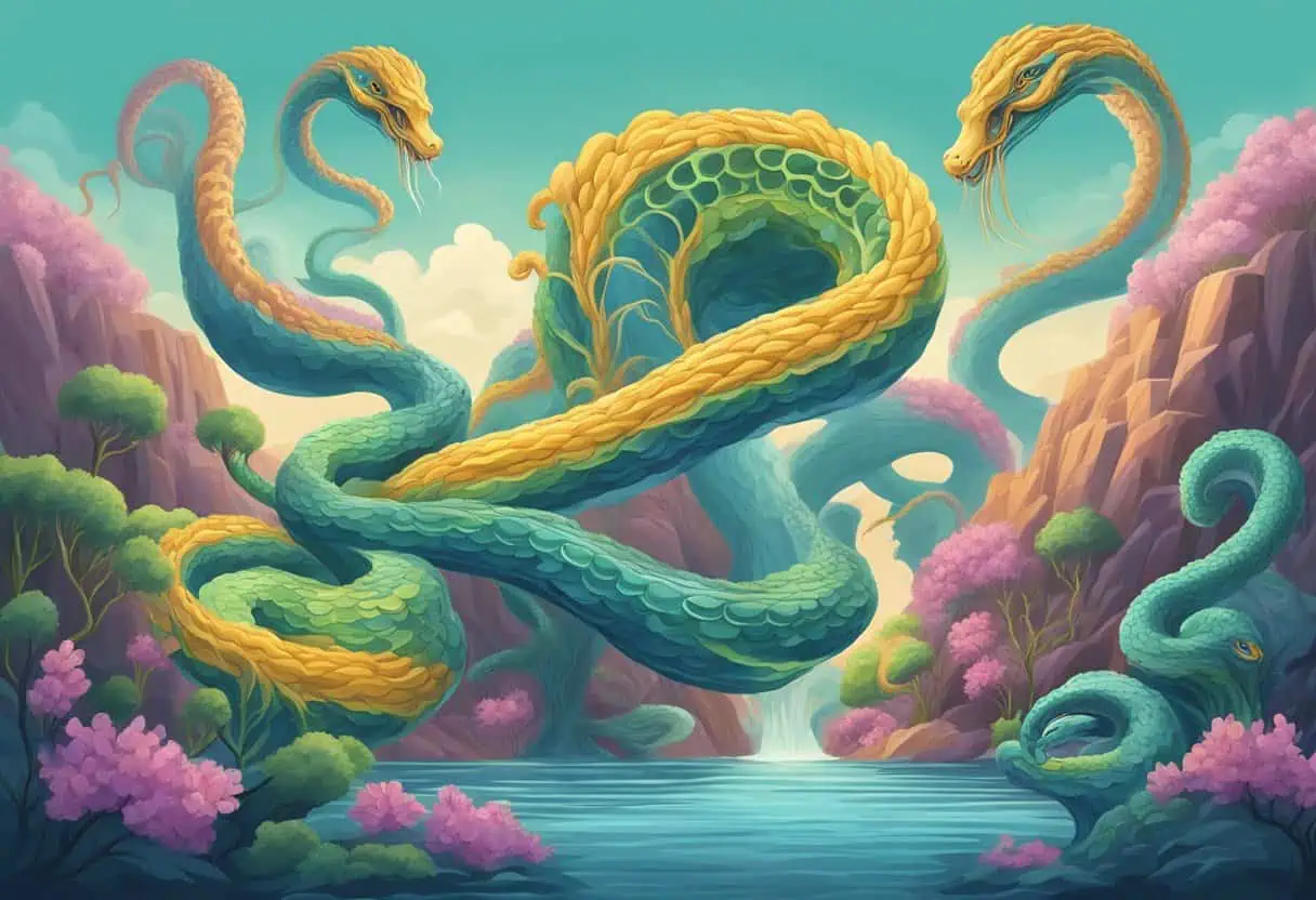 Three serpentine creatures with golden and green scales, coiled near a calm waterbody.
