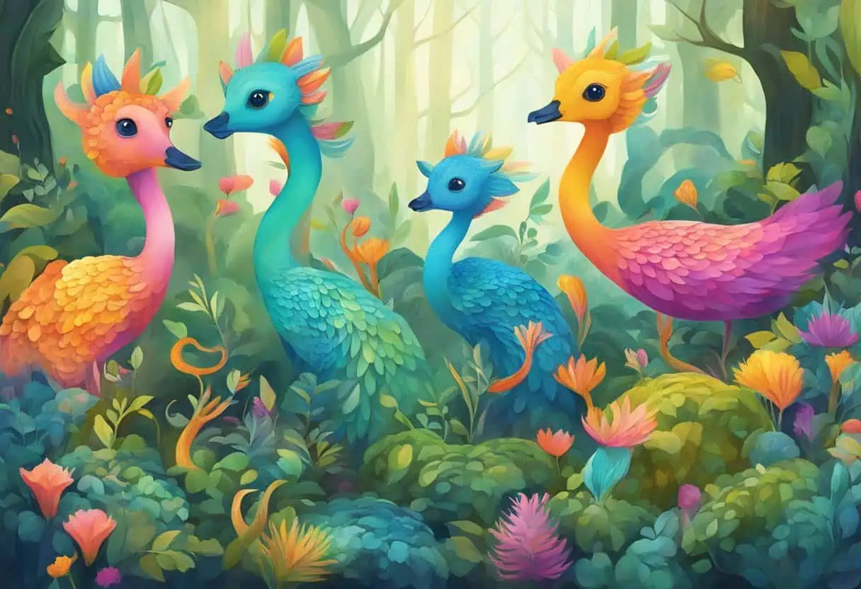 Vibrant, multicolored birds with whimsical features standing amidst a lush forest.
