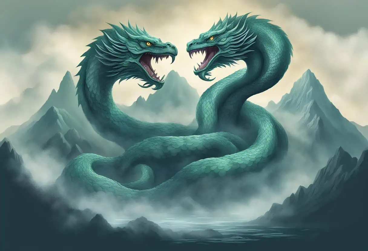 A double-headed serpent intertwined with misty mountain peaks in the background.
