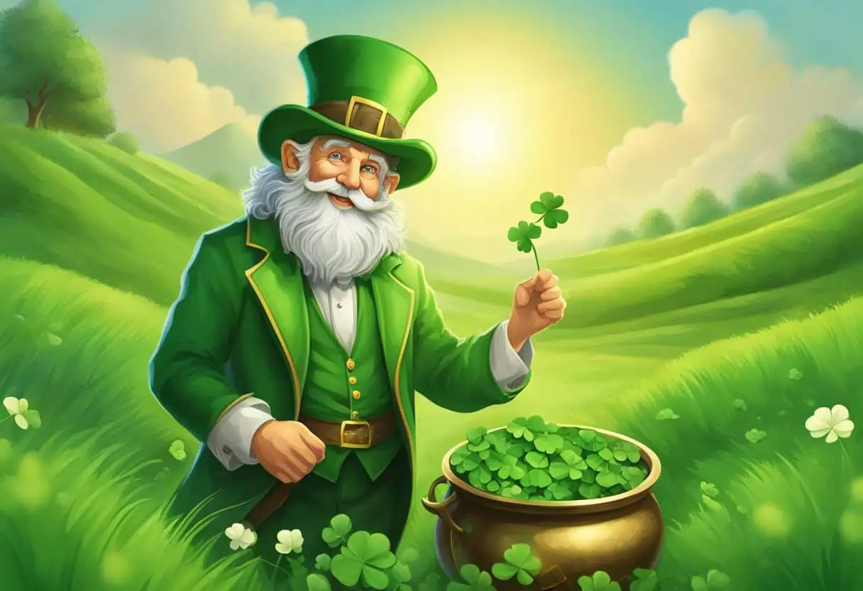 "An elderly leprechaun with a white beard holding a shamrock and standing next to a pot of clovers in a sunny green meadow with rolling hills"

