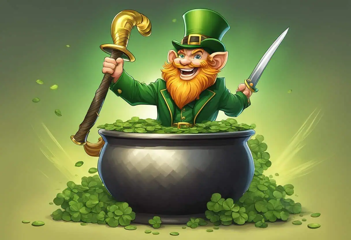 "A cheerful leprechaun with a bright orange beard standing in a pot of clovers holding a golden cane and a silver knife against a glowing green background"

