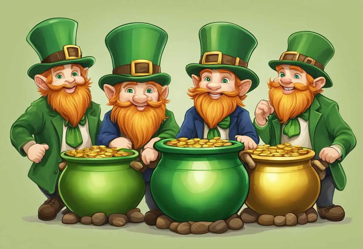 "A cheerful leprechaun with a bright orange beard standing in a pot of clovers holding a golden cane and a silver knife against a glowing green background"

