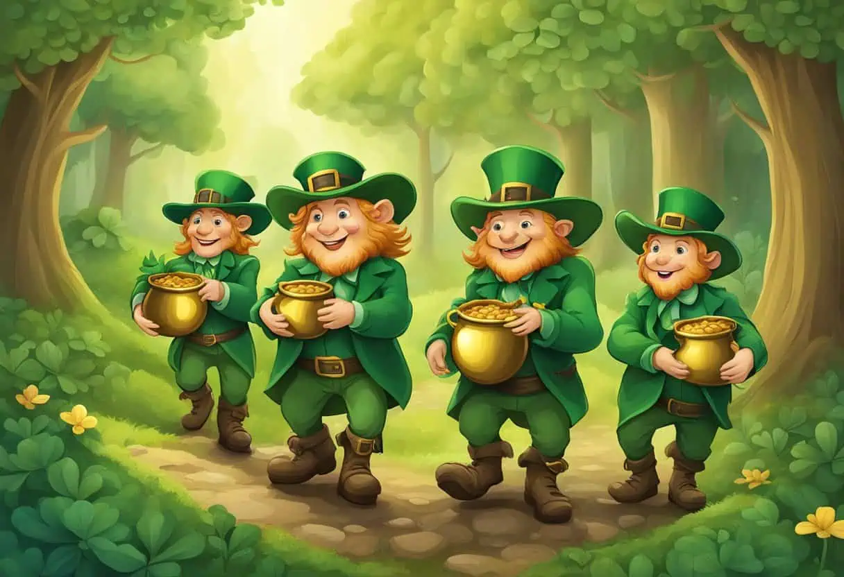 "Four happy leprechauns walking along a forest path carrying pots of gold coins with a magical forest in the background"

