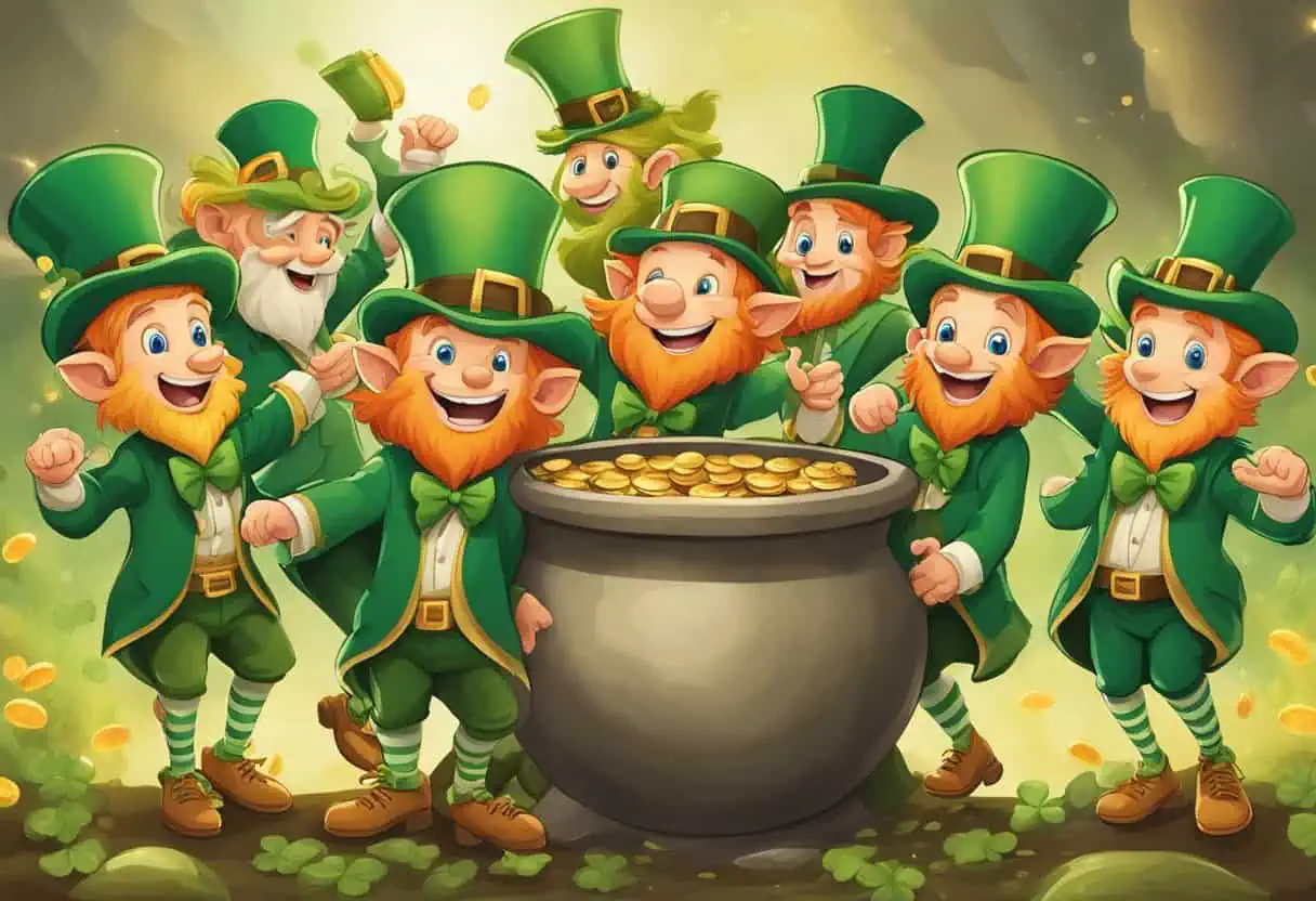 "A large group of joyful leprechauns dressed in green and gold standing around a pot of gold coins throwing coins into the air with excitement"

