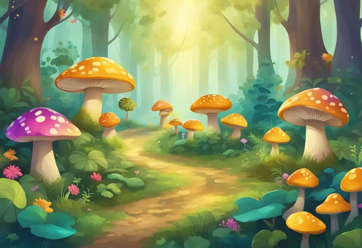 "A magical forest pathway surrounded by giant colorful mushrooms under soft sunlight with lush green vegetation"

