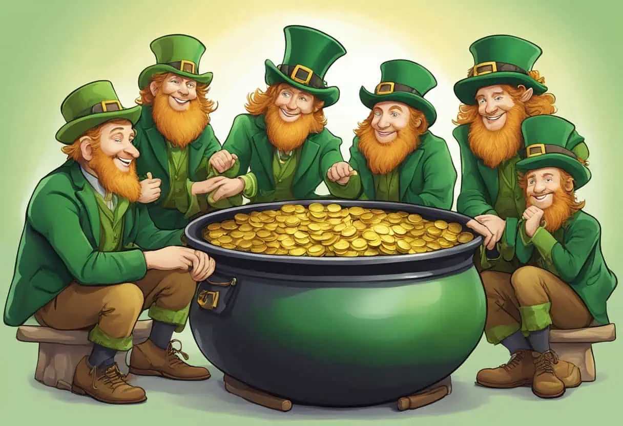 "A cheerful group of leprechauns with orange beards sitting around a giant pot of gold coins sharing stories and laughter"

