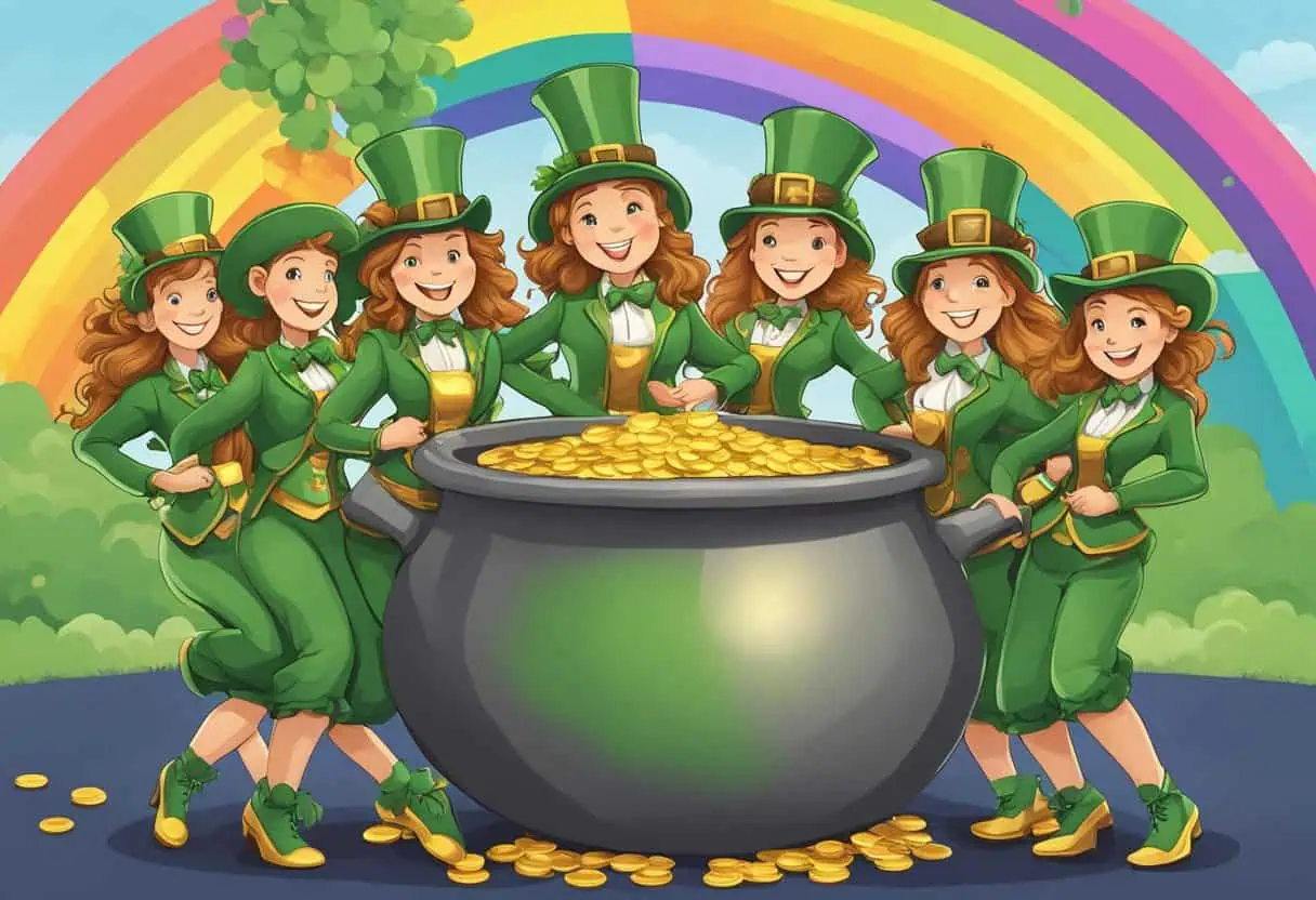 "A group of leprechaun women dressed in green with red hair gathered around a pot filled with gold coins with a rainbow in the background"

