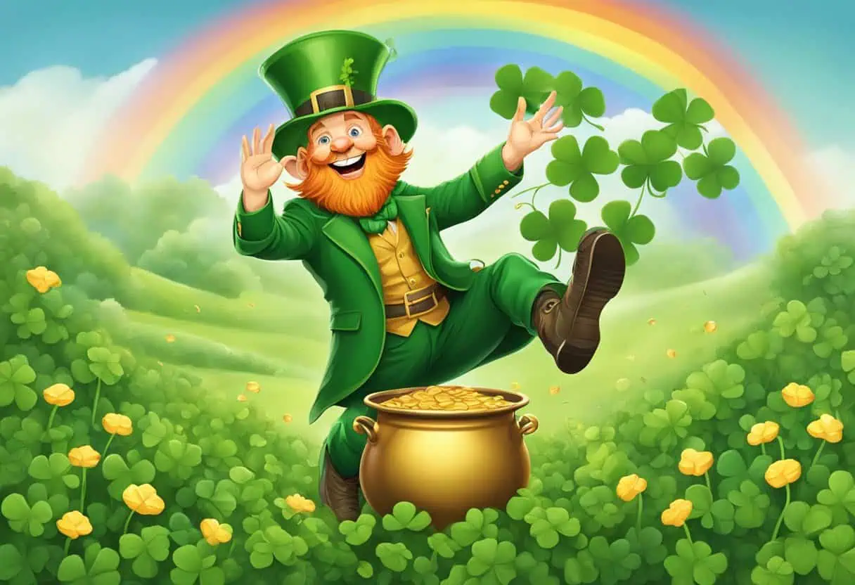 "A jubilant leprechaun with a pot of gold surrounded by vibrant clovers and a rainbow shining brightly in the background"

