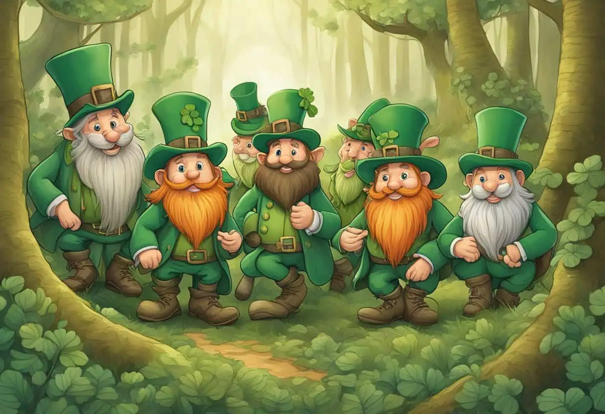 "Seven leprechauns dressed in green suits with bright orange beards standing together in a magical forest surrounded by clovers and lush greenery"

