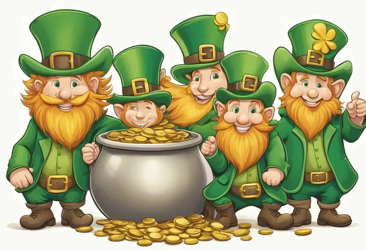 "A group of happy leprechauns with orange beards wearing green hats gathered around a pot of gold with golden coins spilling out"

