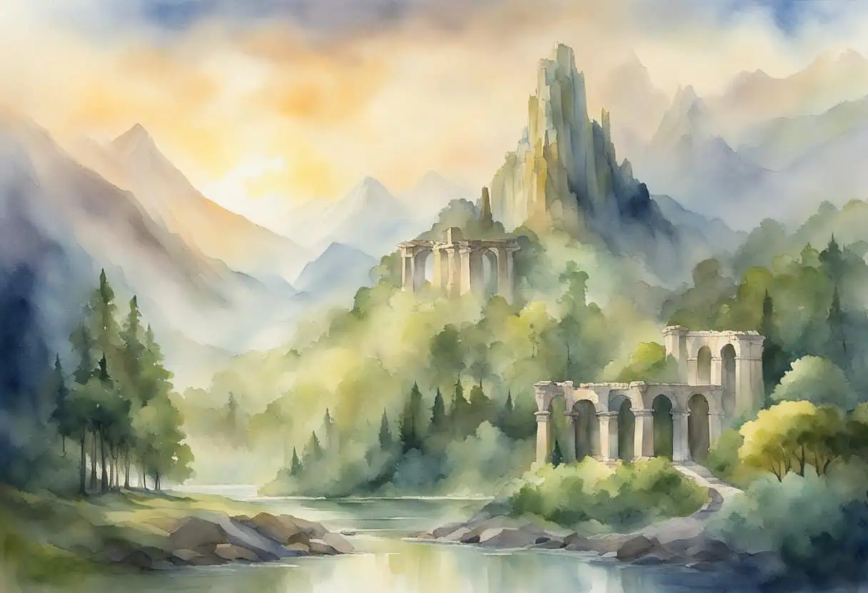 A majestic landscape with ancient ruins, towering mountains, and a mystical forest, evoking the grandeur of the Lord of the Rings universe