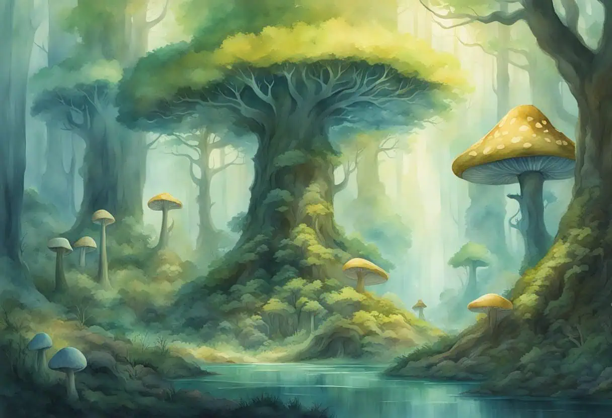 A mystical forest with ancient, towering trees, glowing mushrooms, and strange creatures with elaborate, otherworldly names