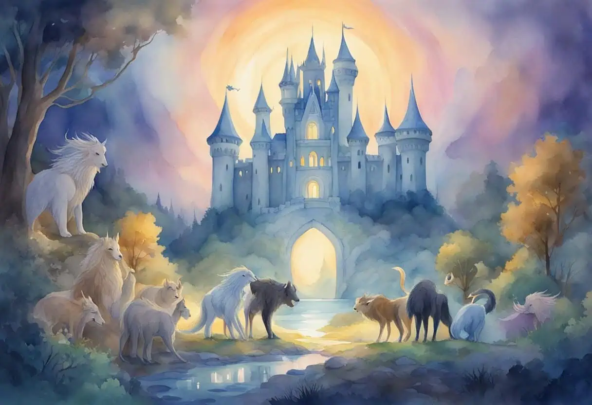 A group of mythical creatures gather around a glowing ring, with a majestic castle in the background