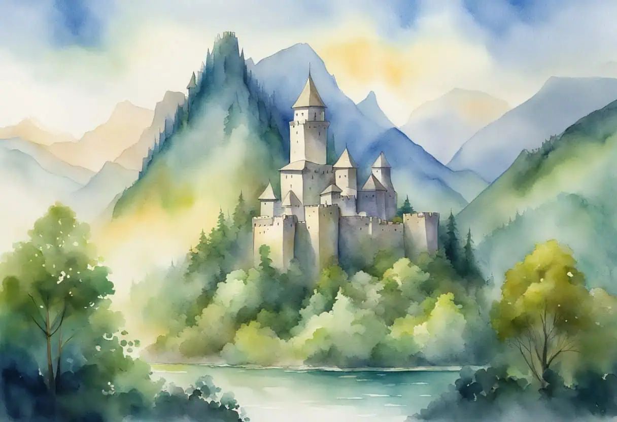 A majestic castle surrounded by towering mountains and lush forests, with a mystical aura emanating from the ancient ruins scattered throughout the landscape